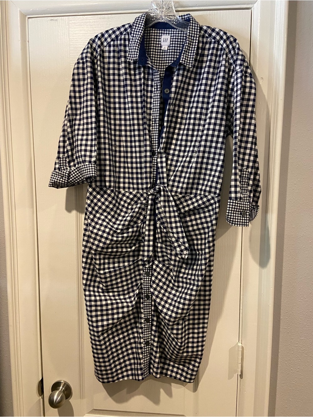 GAP Navy and White Gingham Midi Dress with Waist Tie